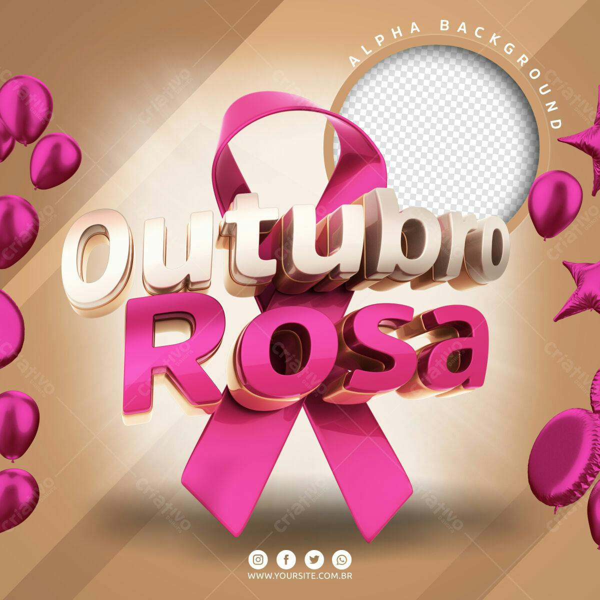 Selo 3D Outubro Rosa dourado e rosa
