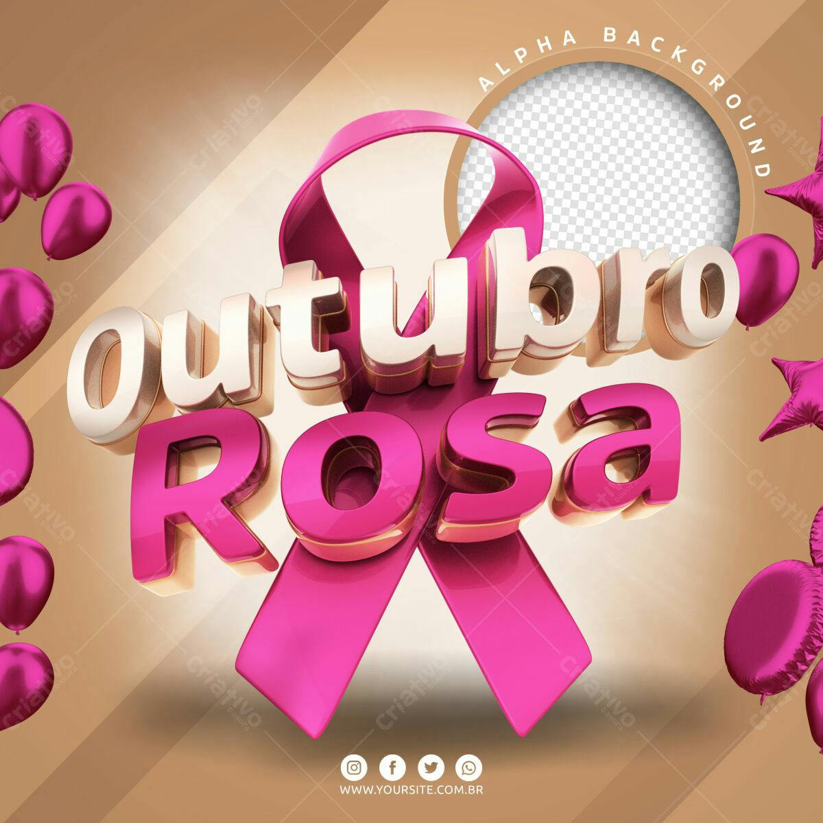Selo 3D Outubro Rosa metálico dourado e rosa