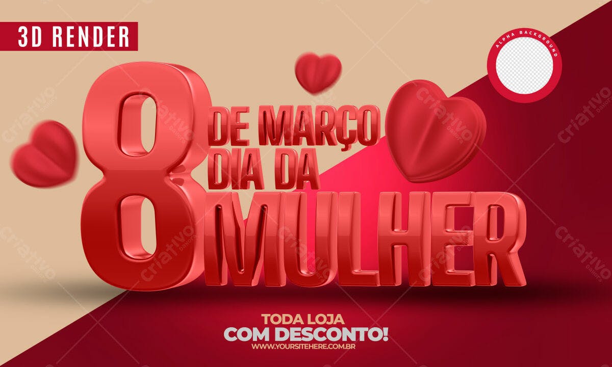Selo 3D Dia da Mulher Vermelho Brilhante