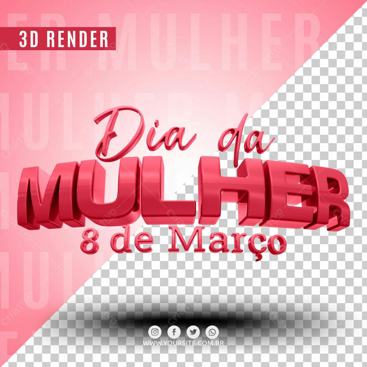 Selo 3D Dia Internacional da Mulher Vermelho Brilhante