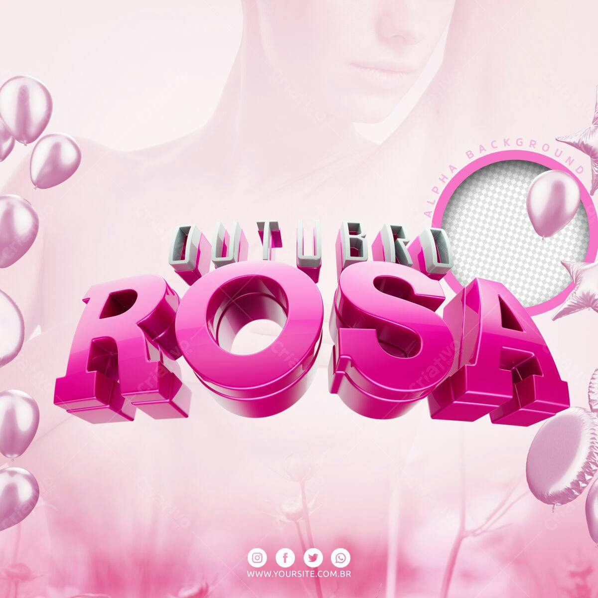 Selo 3D decorativo rosa brilhante Outubro Rosa