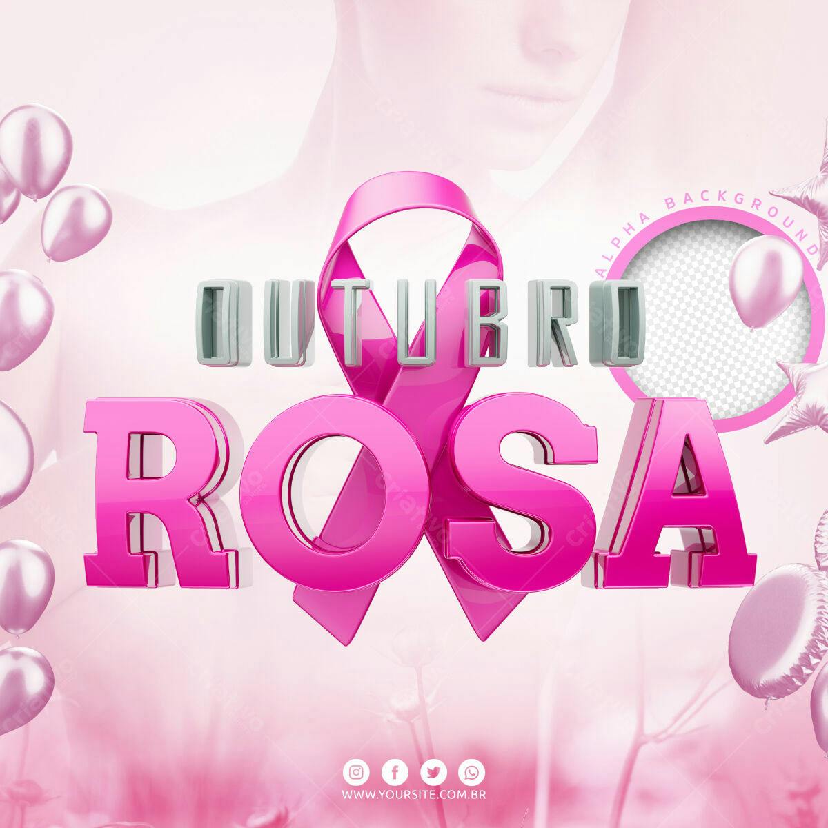 Selo 3D Outubro Rosa fita e balões rosa