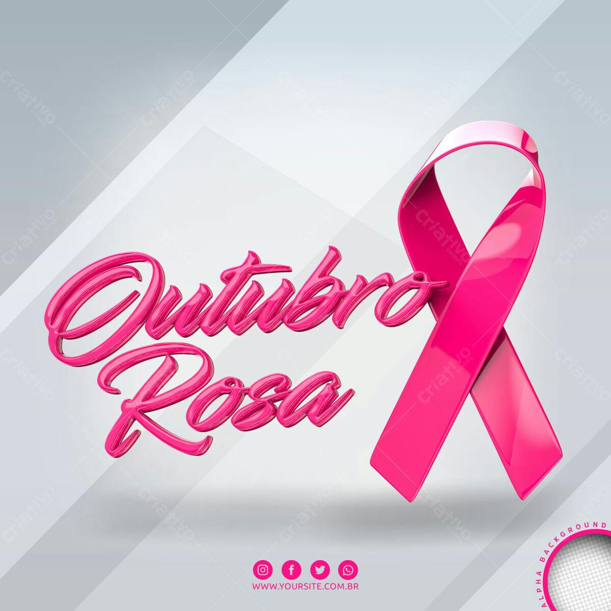 Selo 3D Outubro Rosa fita rosa brilhante