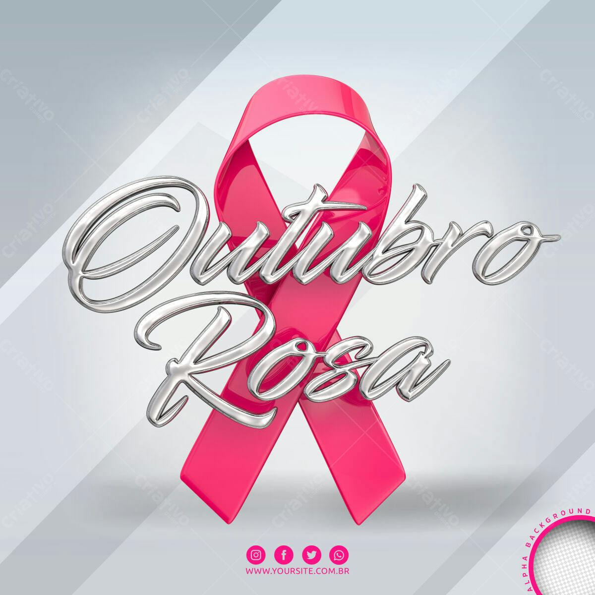 Selo 3D Outubro Rosa fita rosa e prata