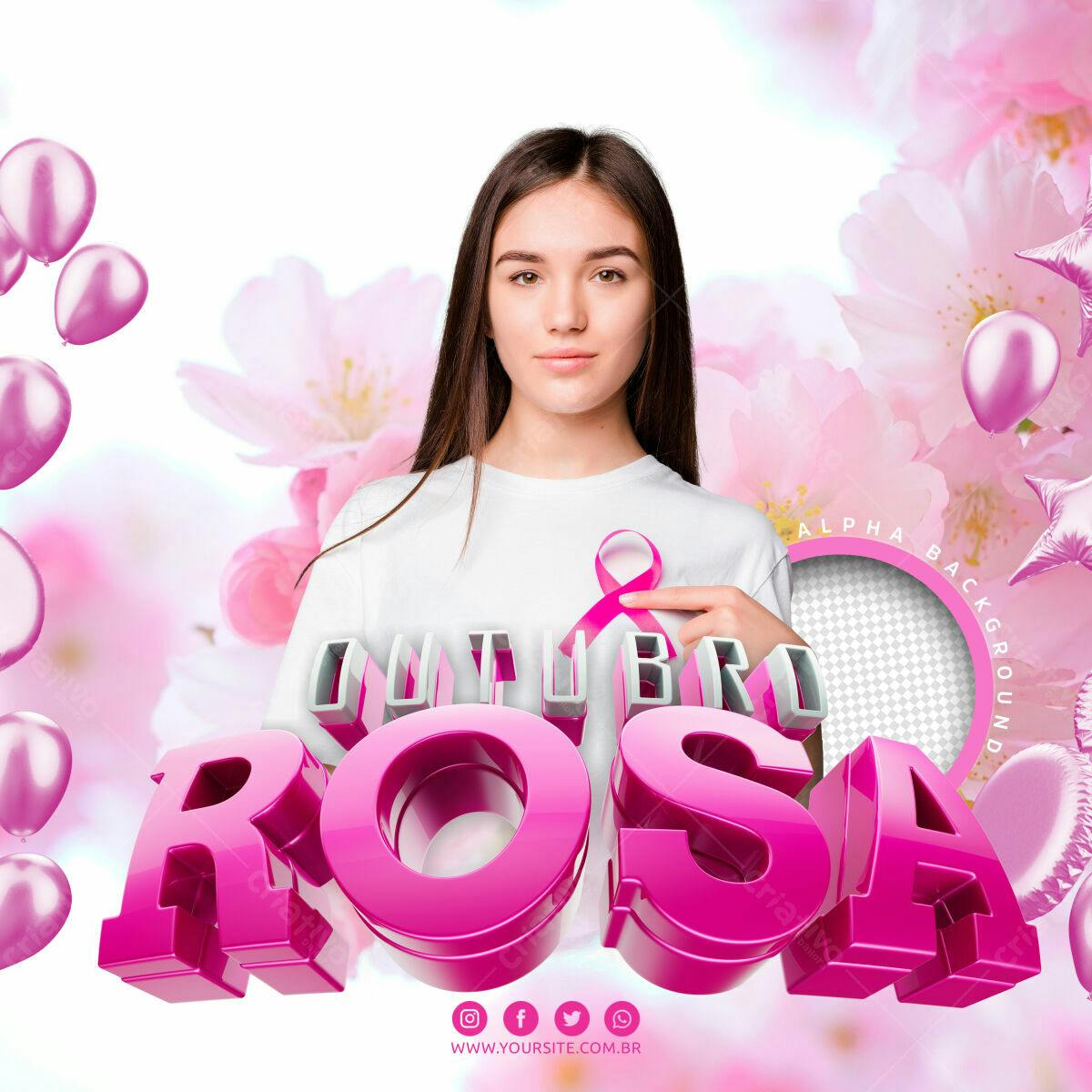 Selo 3D Outubro Rosa em 3D Rosa Brilhante
