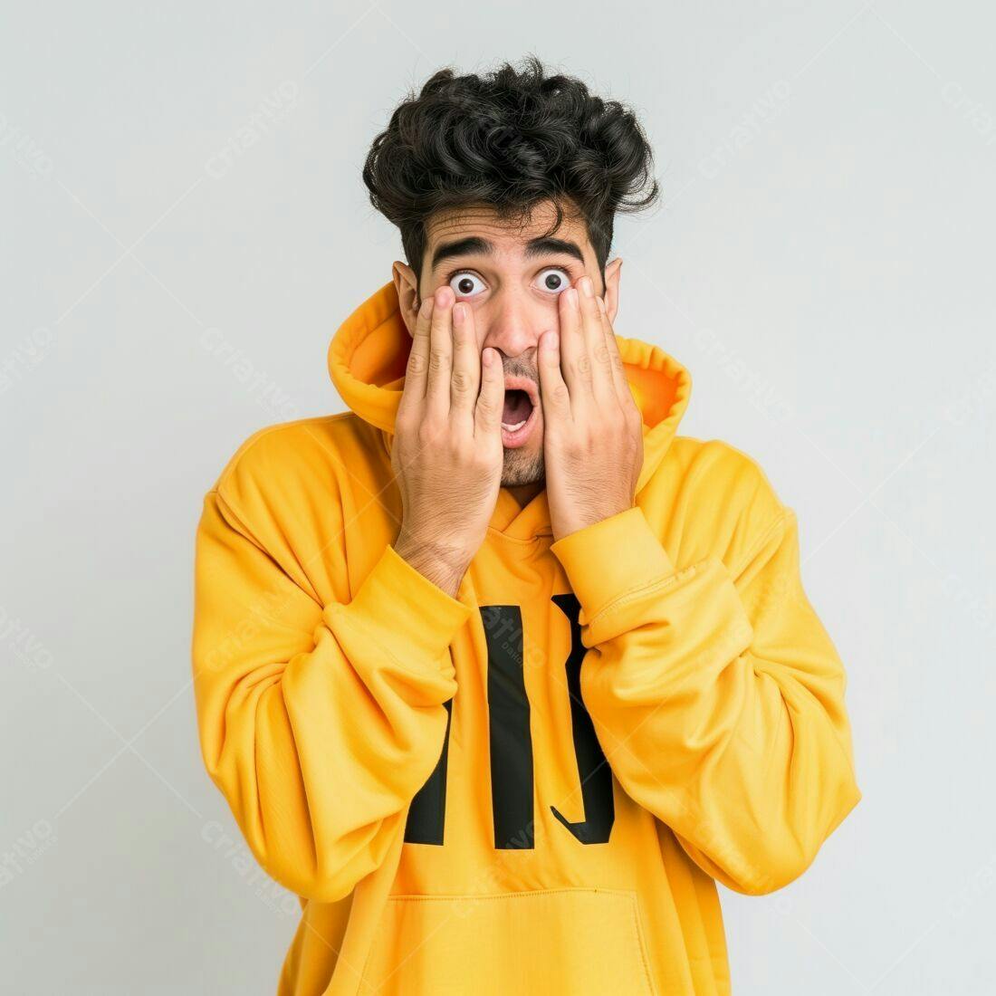 Homem surpreso usando moletom amarelo
