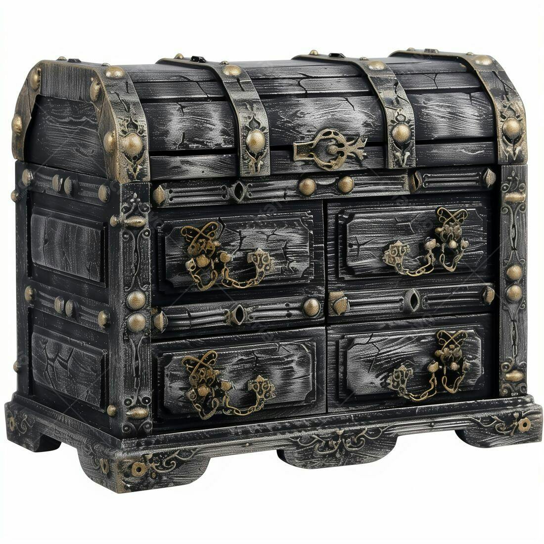 Caixa de madeira estilo baú com detalhes dourados