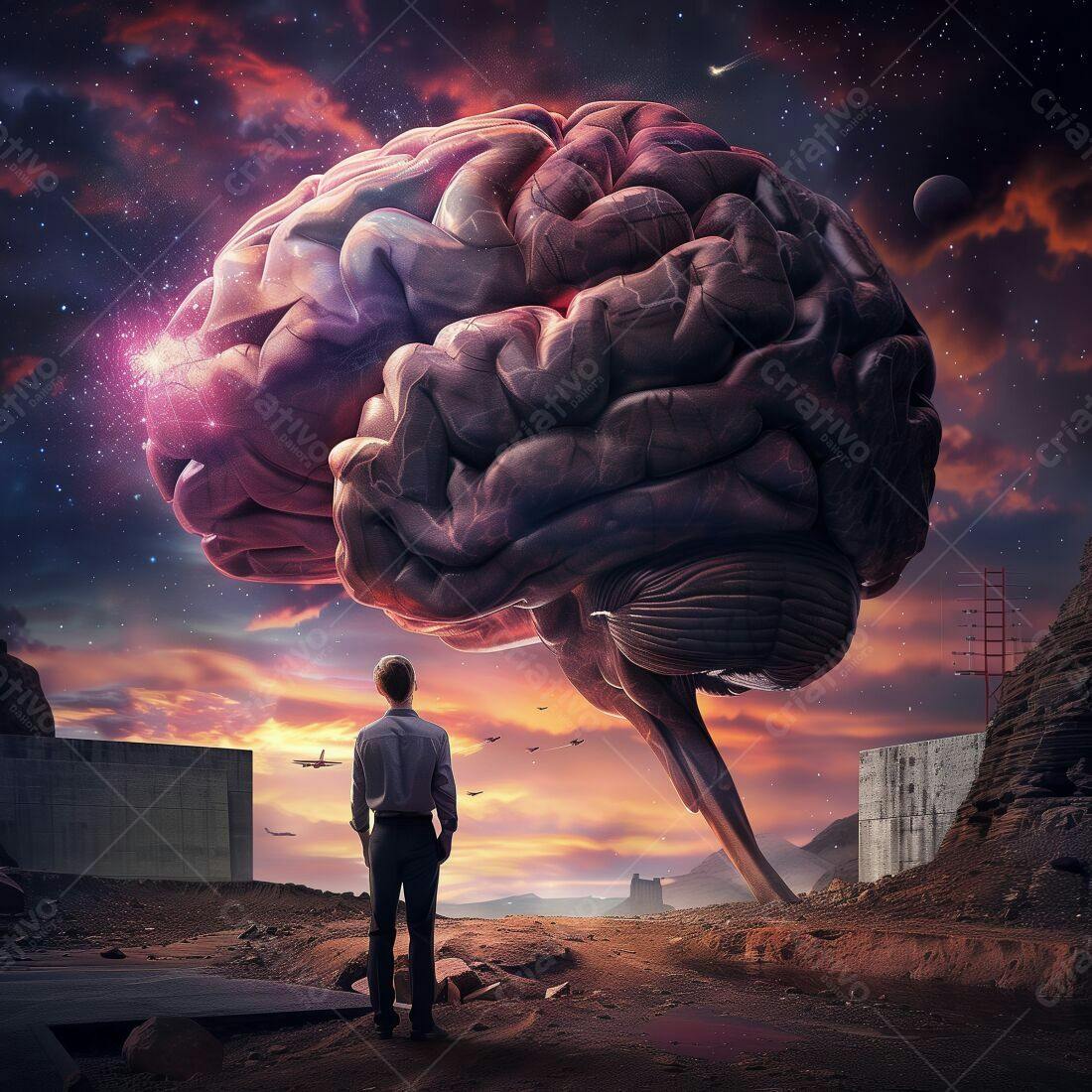 Homem contemplando cérebro gigante ao entardecer