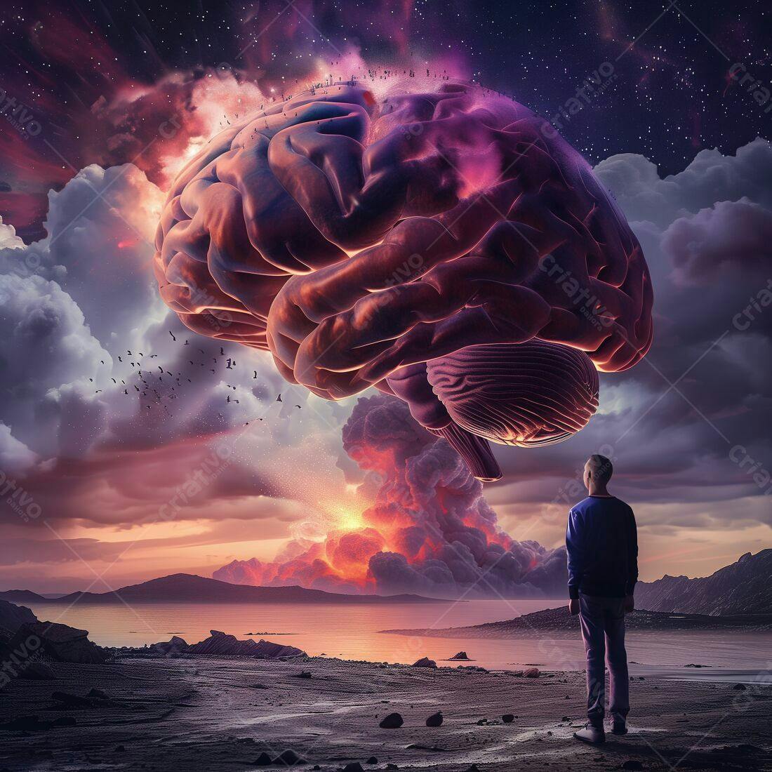 Cérebro gigante sobre paisagem apocalíptica