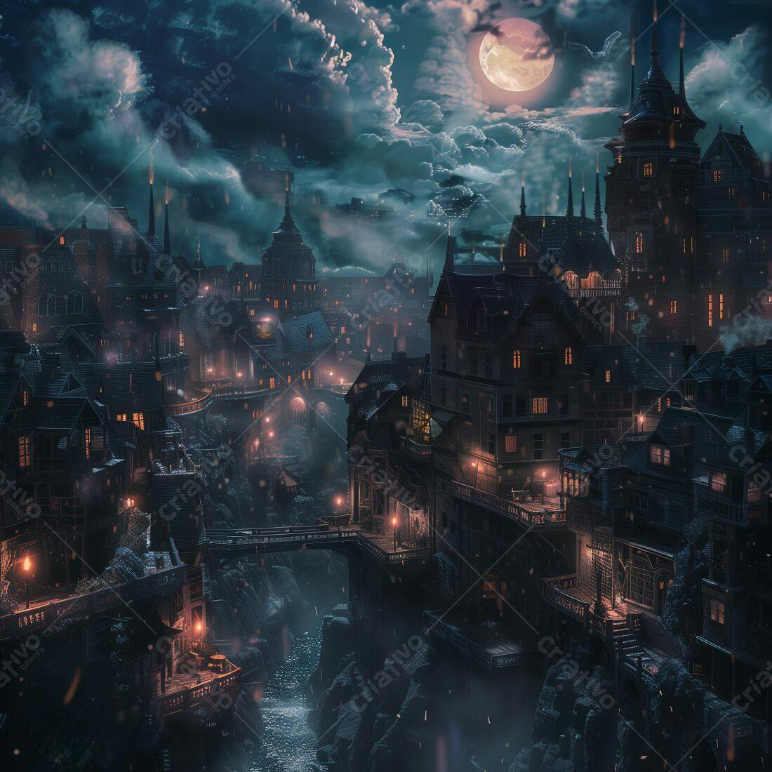 Cidade medieval noturna sob a lua cheia