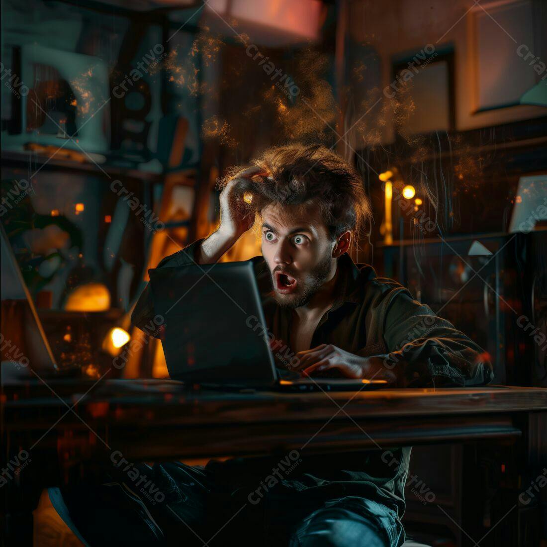 Homem surpreso em frente ao notebook noite