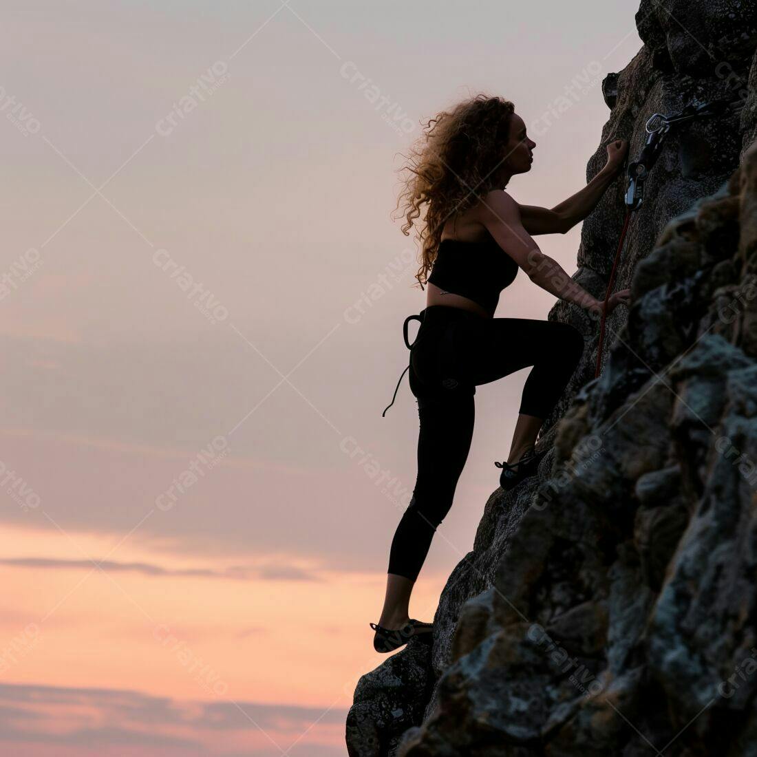 Mulher escalando rocha ao pôr do sol