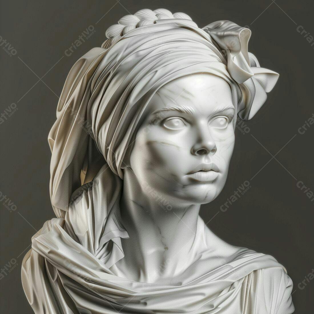 Busto de mulher em mármore branco com véu