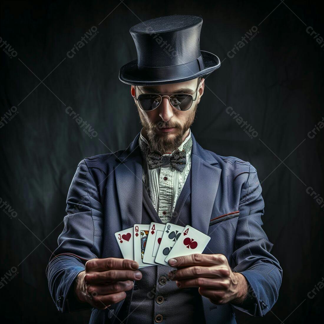 Mago com cartas de poker em fundo escuro