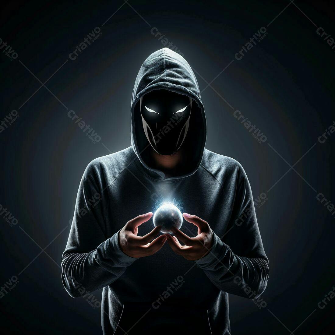 Homem mascarado segurando esfera brilhante