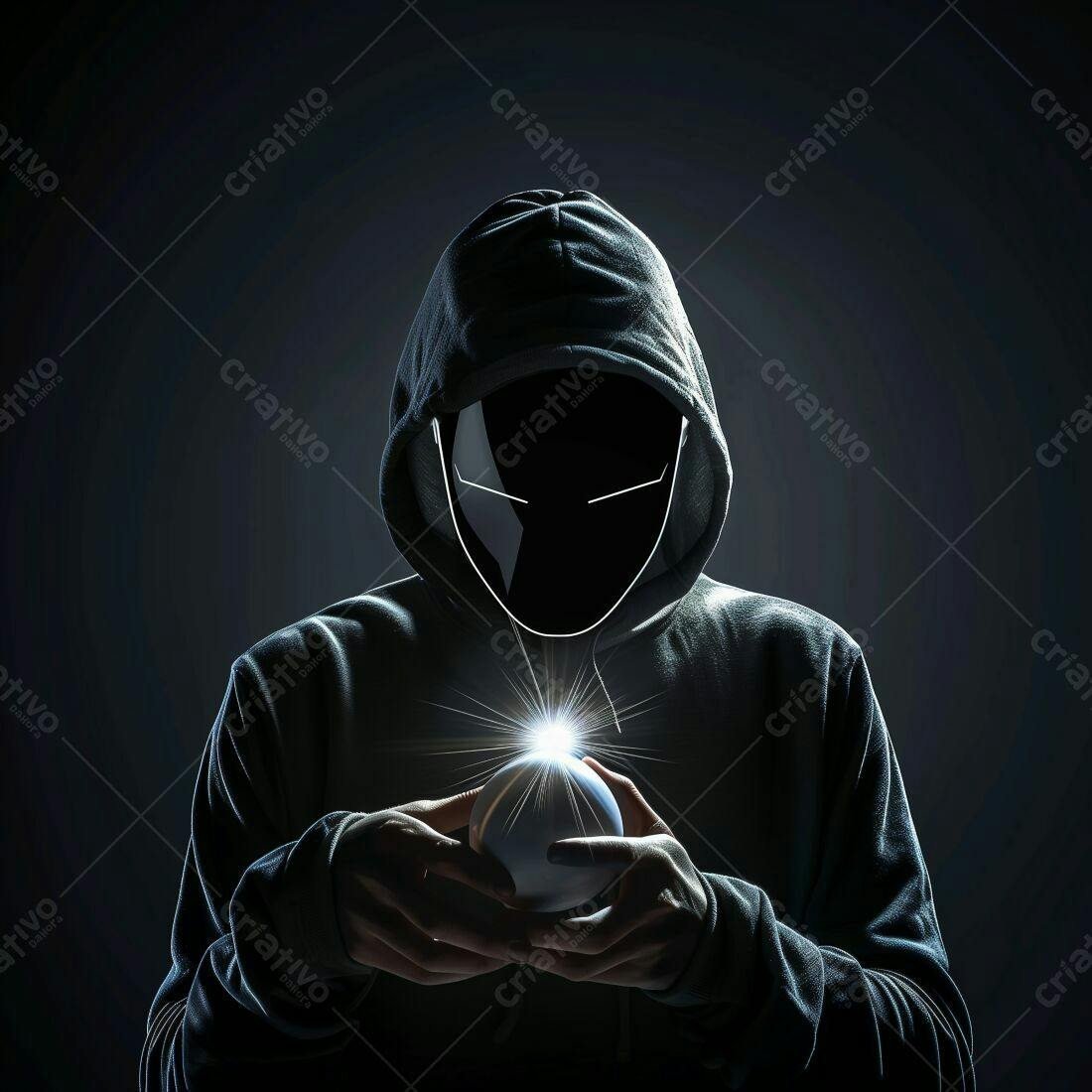 Hacker com máscara segurando esfera luminosa