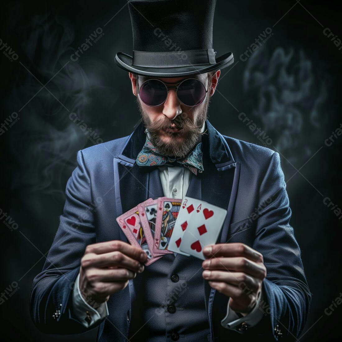 Mago com cartas de copas em cenário escuro
