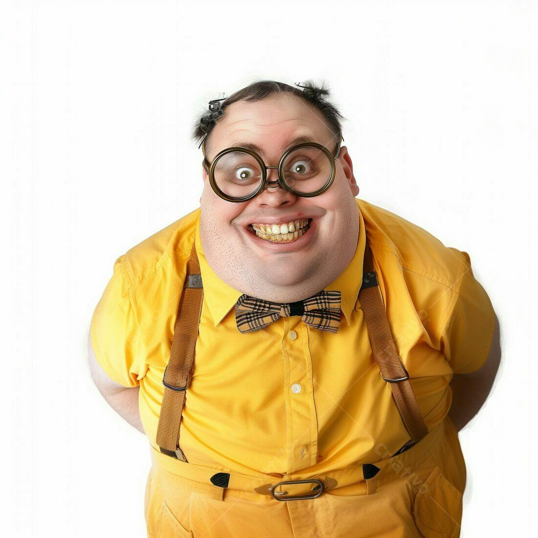 Homem gordinho alegre vestindo amarelo