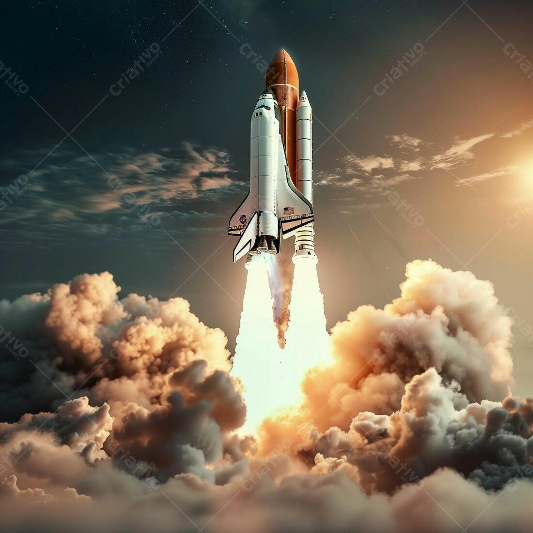 Nave espacial decolando em meio a nuvens
