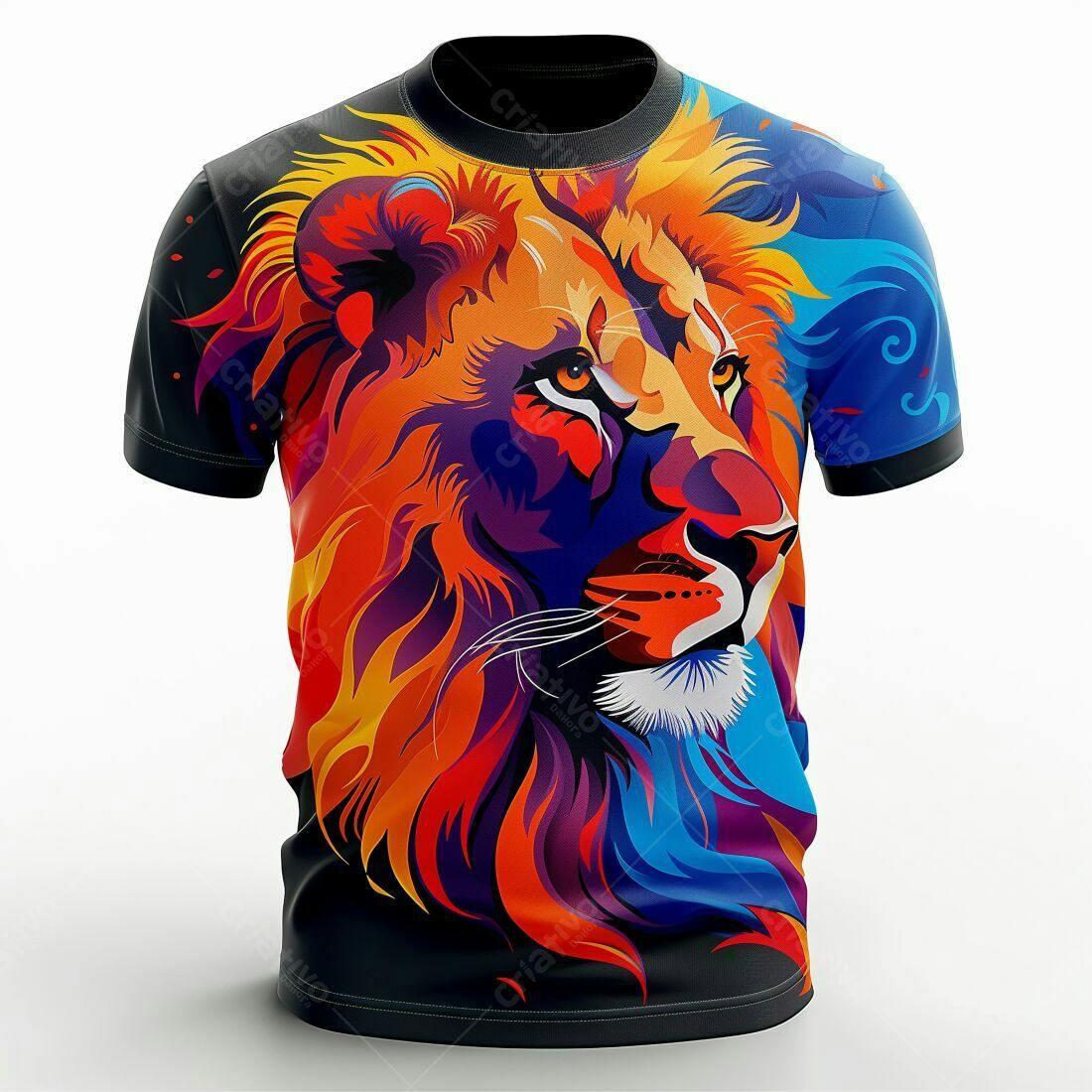 Camiseta leão cores vibrantes estilo abstrato