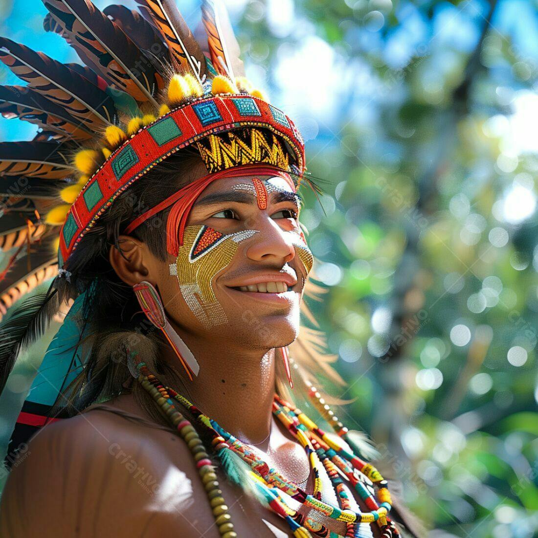 Homem indígena sorridente com pintura facial e traje tradicional