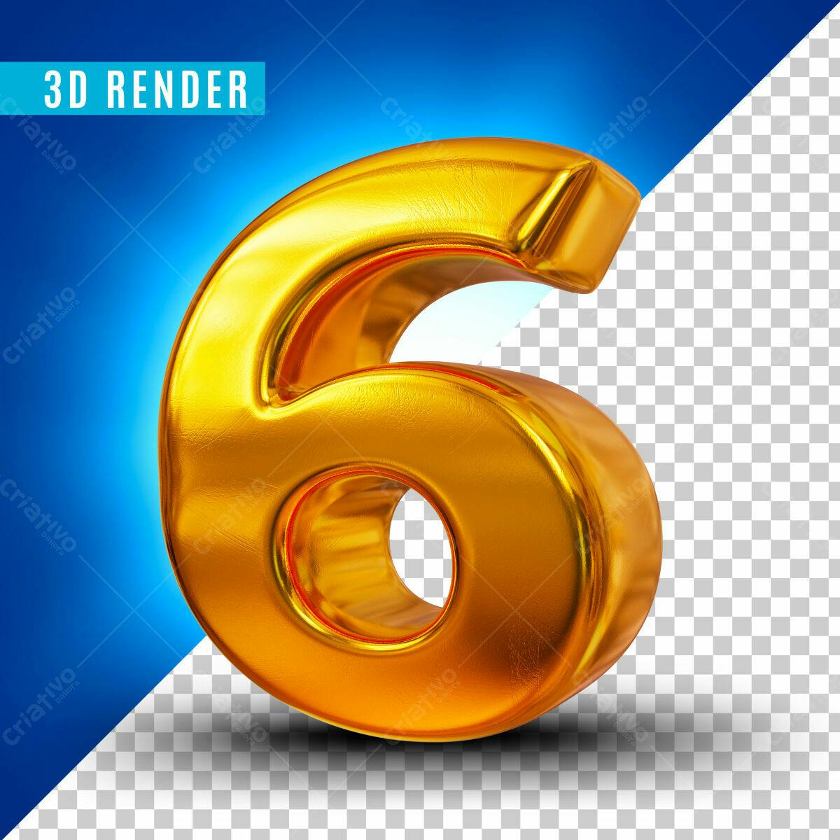 Número 6 Dourado em 3D PSD Editável