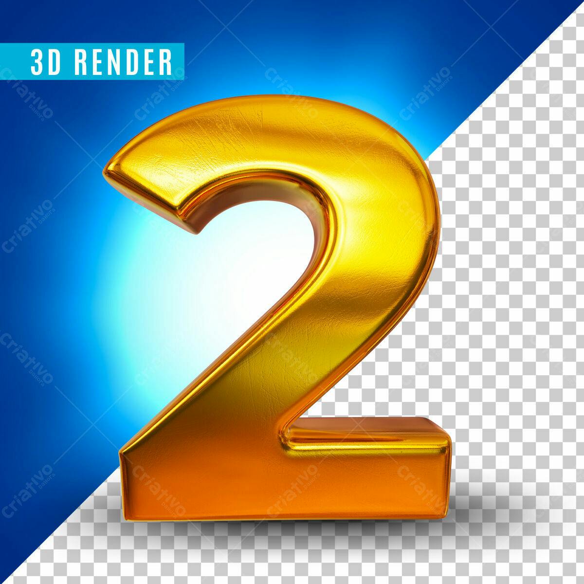 Número 2 em 3D Dourado PSD Editável