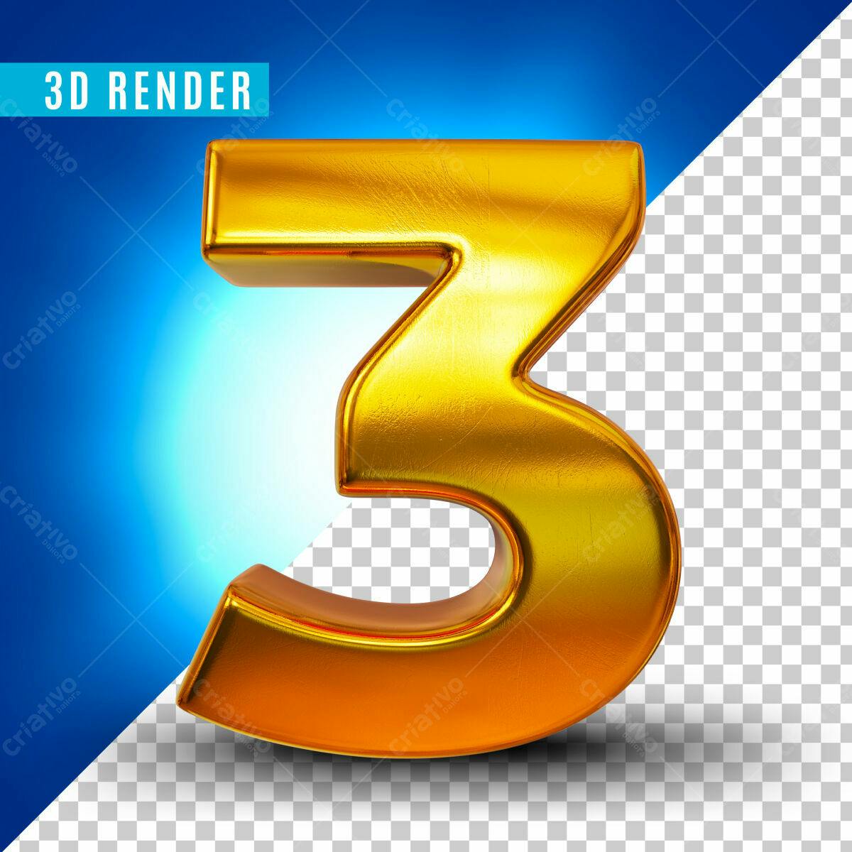 Número 3 Dourado em 3D PSD Editável