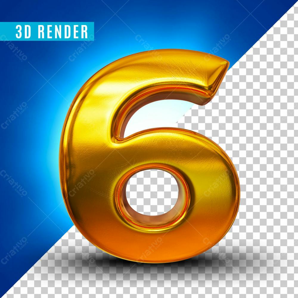 Elemento 3D Numero 6 Dourado Para Composicao Psd