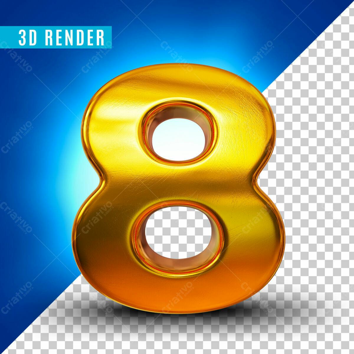 Número 8 Dourado 3D PSD Editável