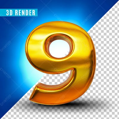 Elemento 3D Numero 9 Dourado Para Composicao Psd