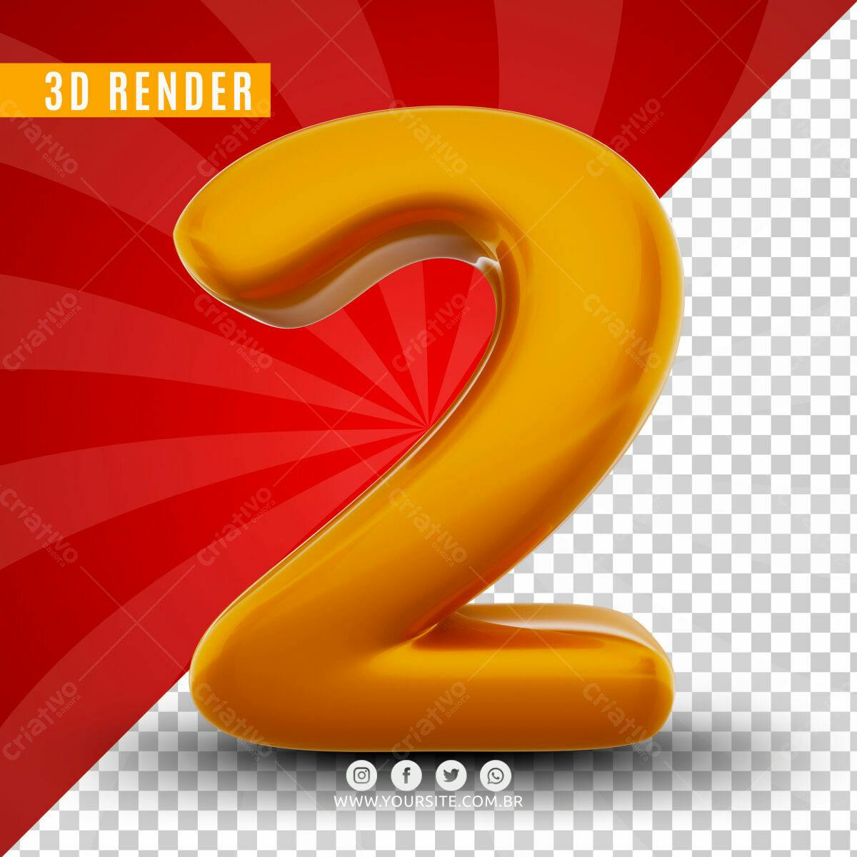 Número 2 em 3D Render PSD Editável