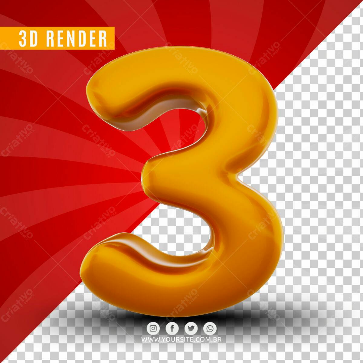 Número 3 em 3D Amarelo PSD Editável