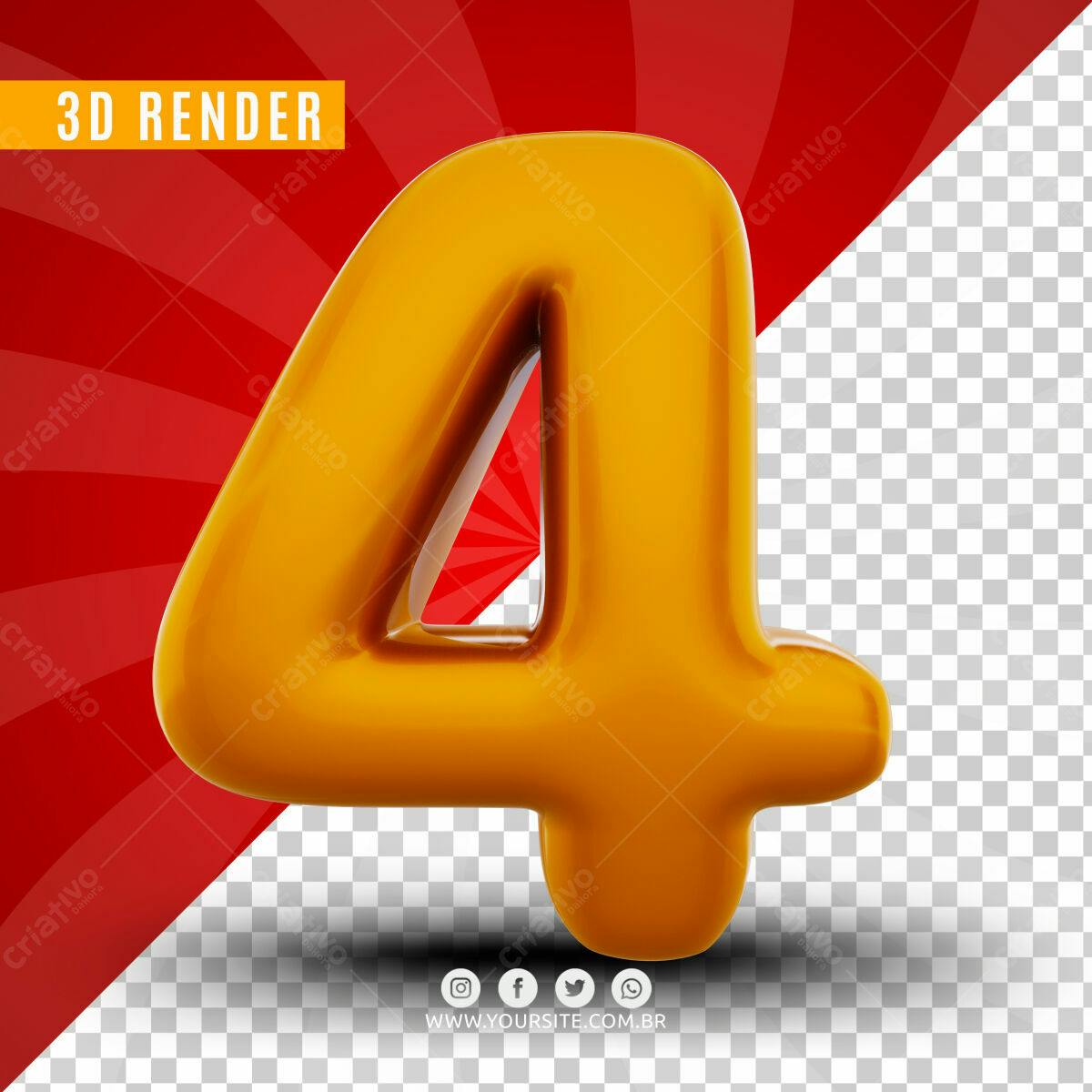 Número 4 em 3D Amarelo PSD Editável