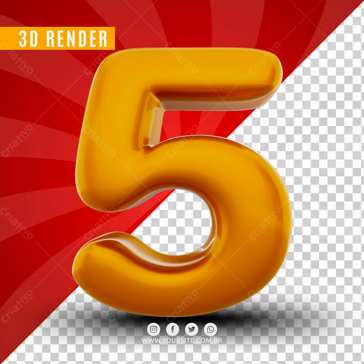 Número 5 em 3D Dourado PSD Editável