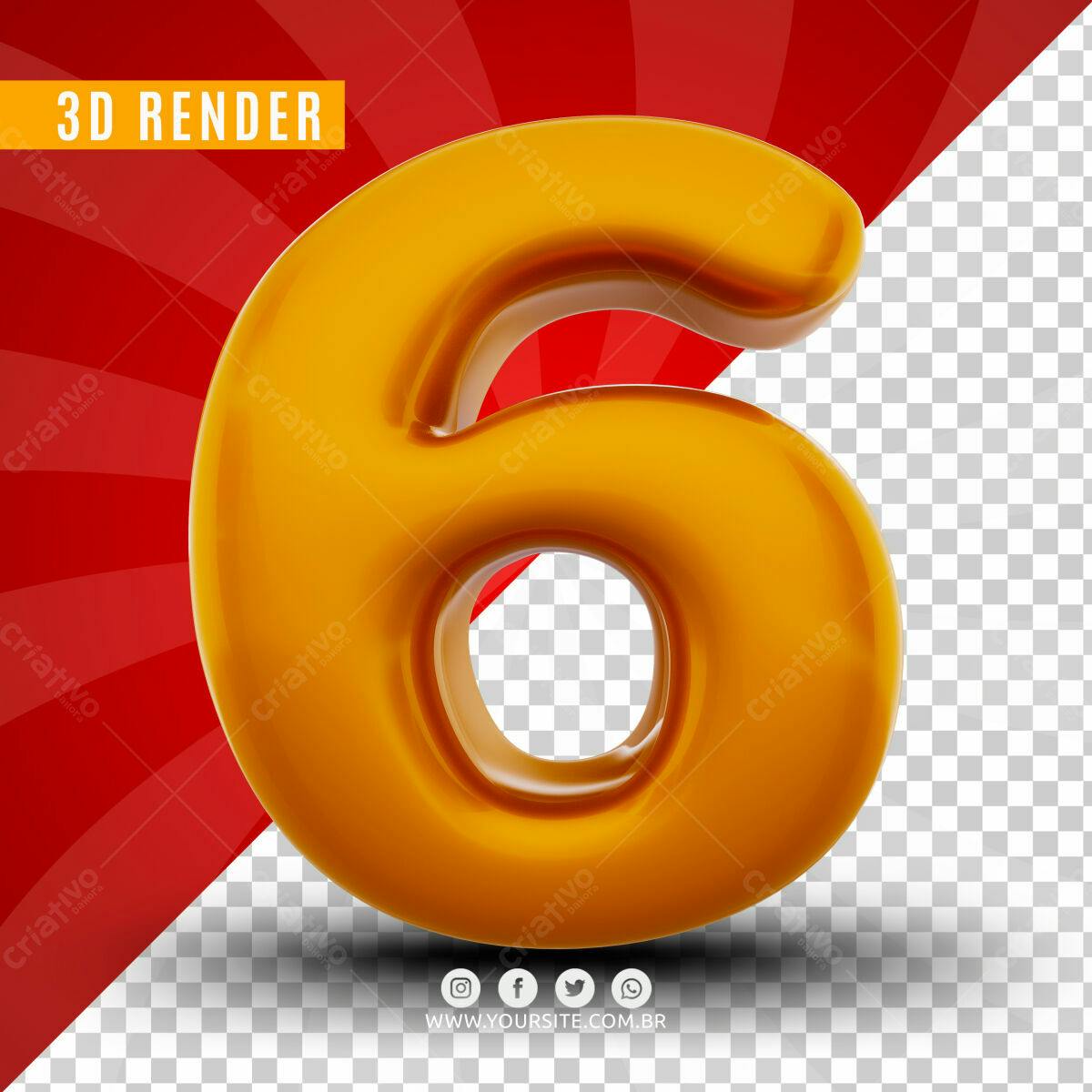 Número 6 em 3D Dourado PSD Editável