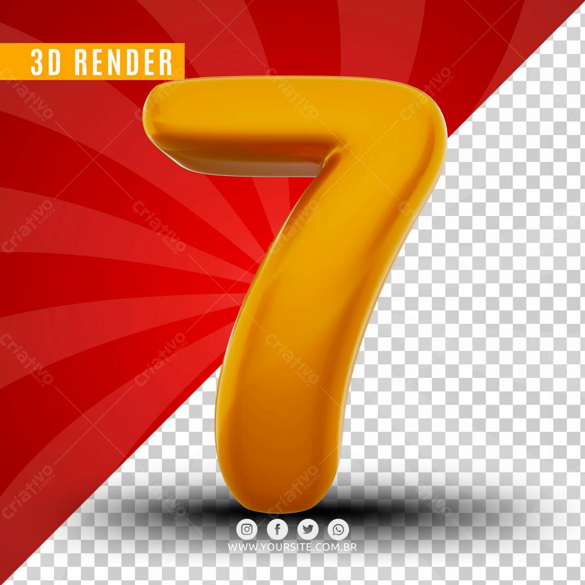 Número 7 em 3D Render Amarelo PSD Editável