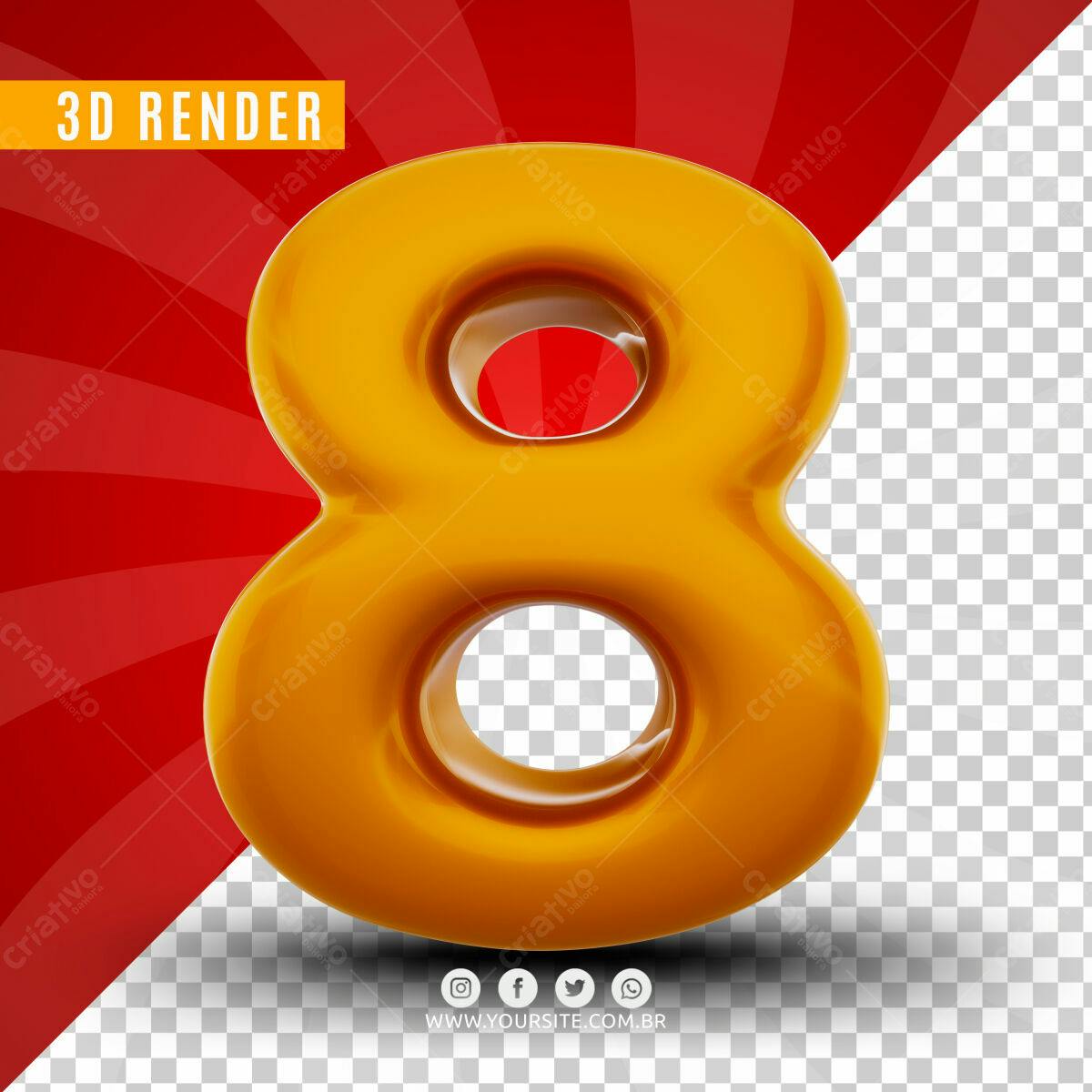 Número 8 em 3D Render PSD Editável