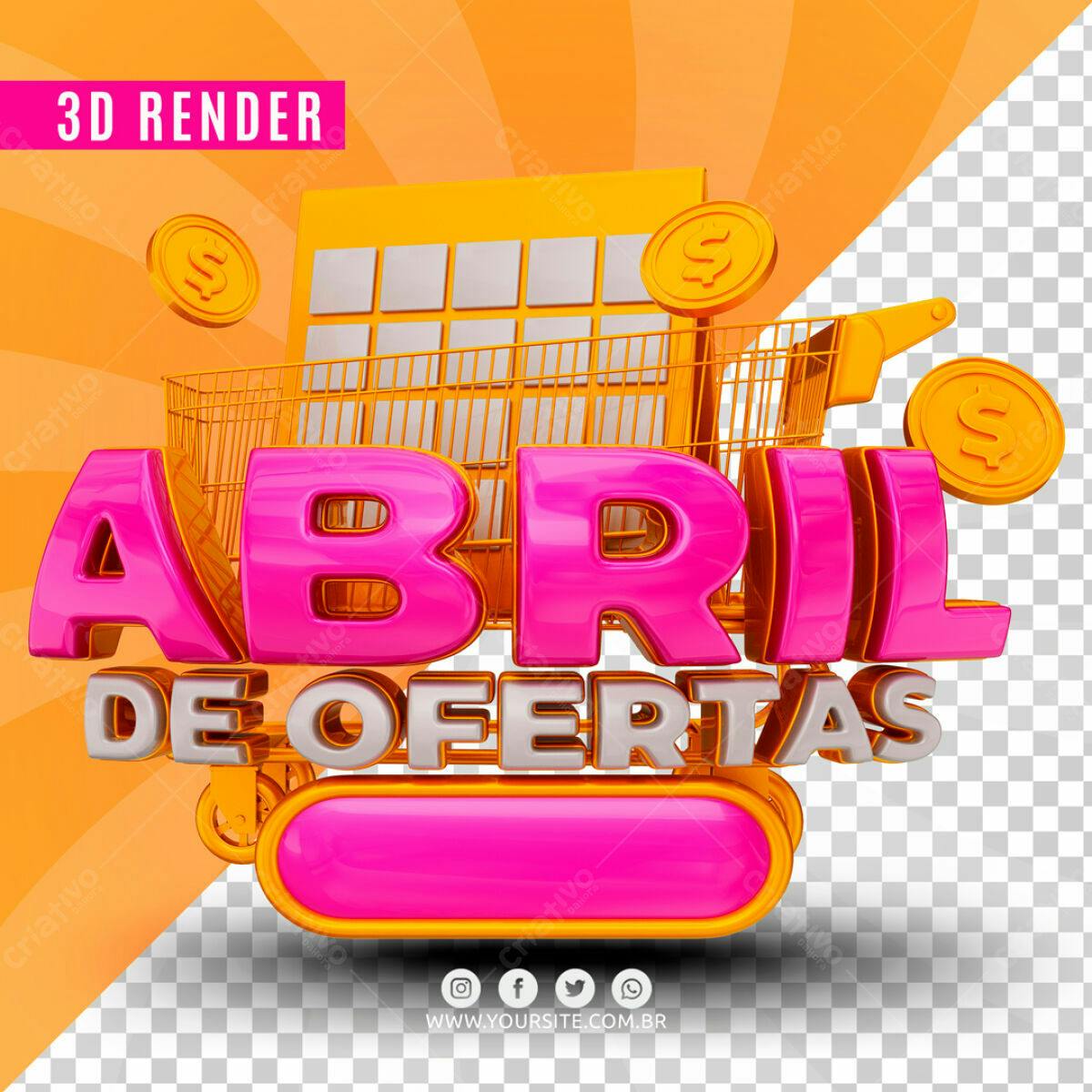 Selo 3D promocional Abril de ofertas rosa e dourado
