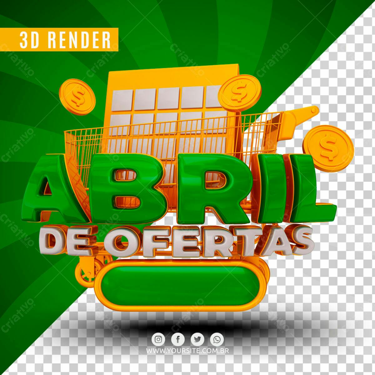 Selo 3D promocional verde e dourado carrinho compras