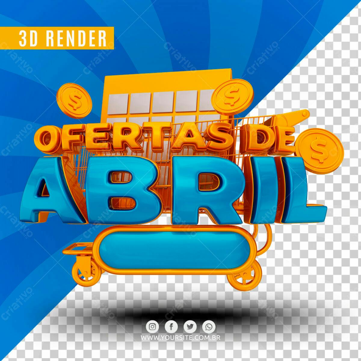 Selo 3D promocional carrinho de compras azul e laranja