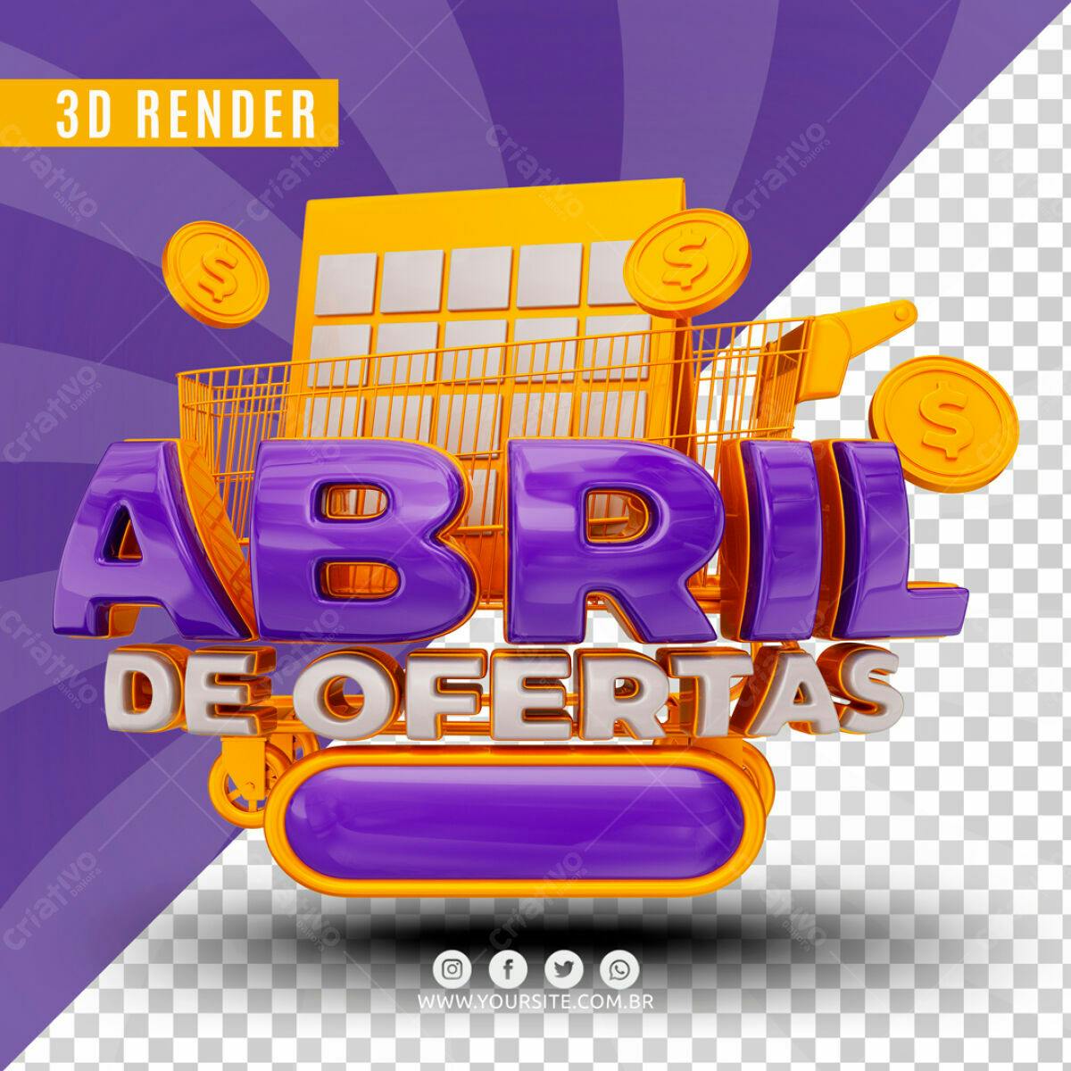 Selo 3D promocional roxo e dourado carrinho compras
