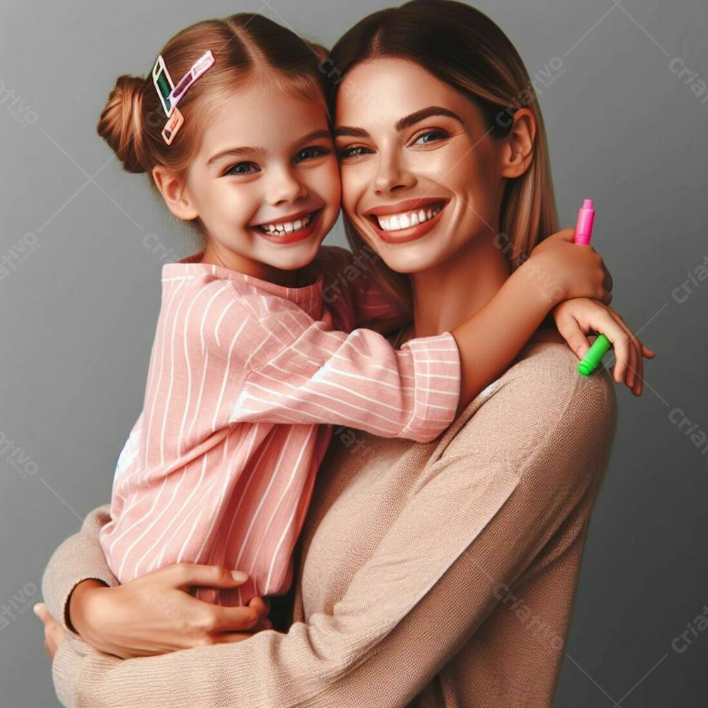 Compolsiçao Gerada Por Ia Mamãe Feliz Com Abraço De Menina, Com Sorriso E Amor Se Unindo No Dia Das Mães, Realista V.1