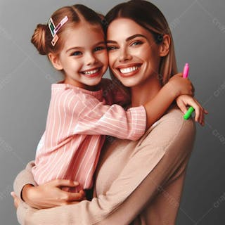 Compolsiçao gerada por ia mamãe feliz com abraço de menina, com sorriso e amor se unindo no dia das mães, realista v.1