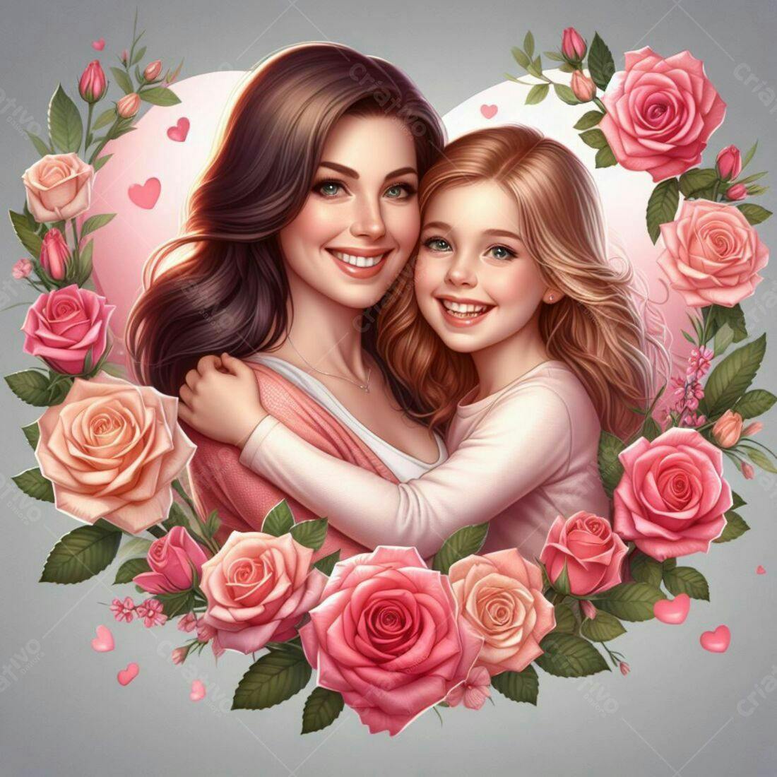 Mãe e filha abraçadas cercadas por rosas