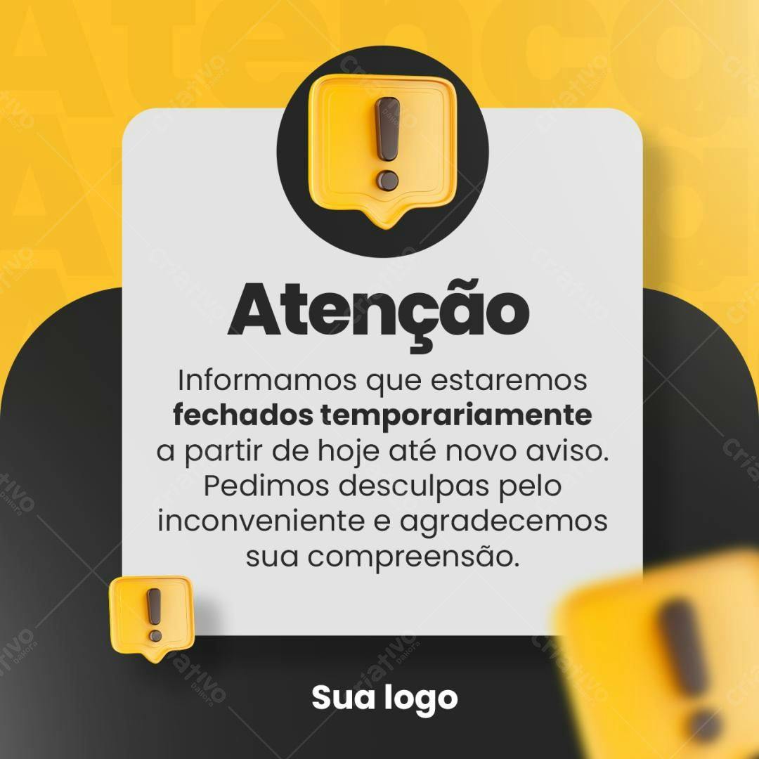 Post para Redes Sociais Fechado Temporariamente PSD Editável