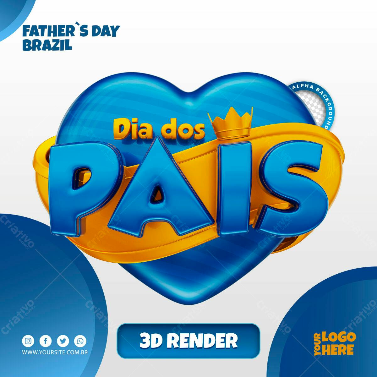 Selo 3D Dia dos Pais Azul e Dourado em Formato de Coração