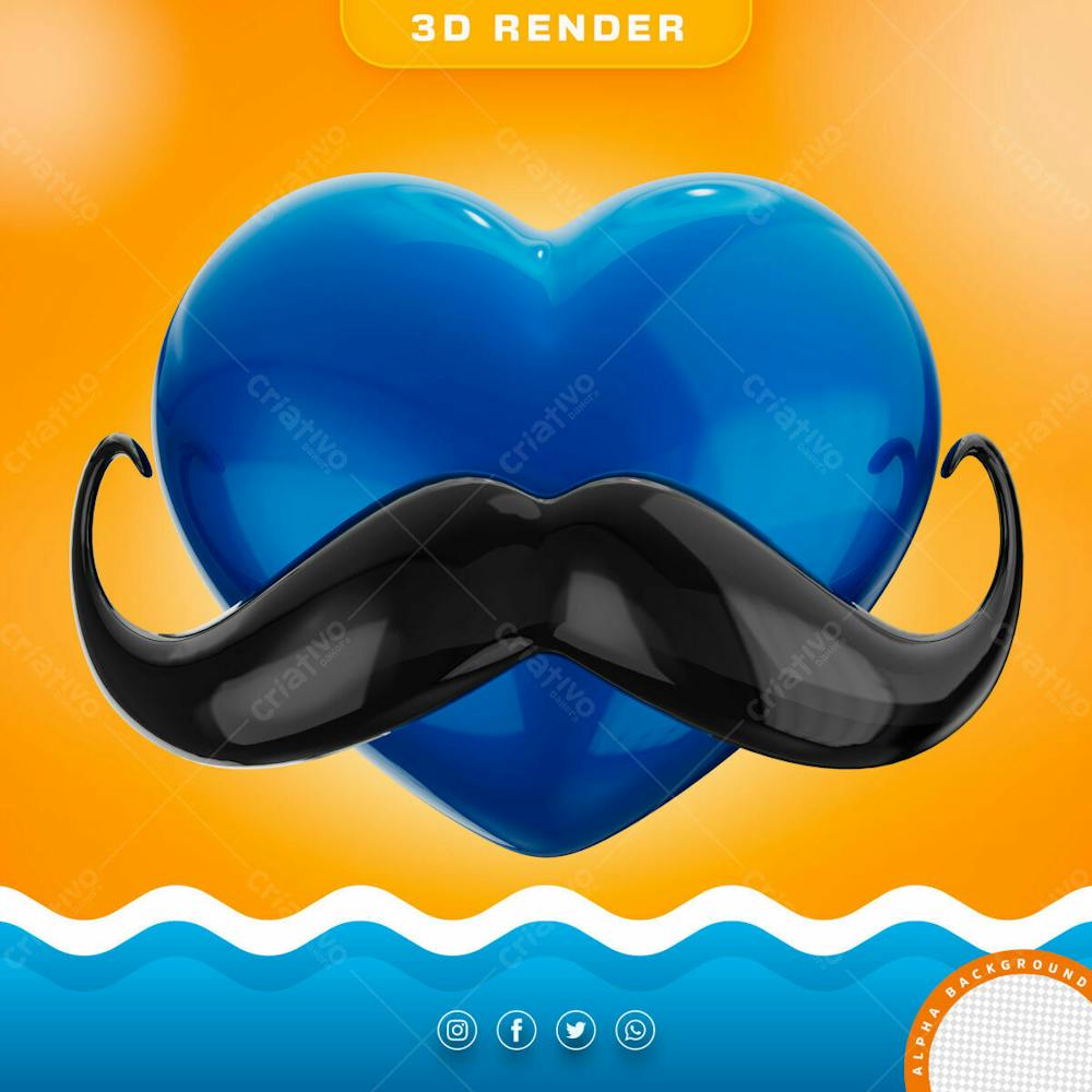 Coracao Com Bigode 3D Do Dia Dos Pais Elemento Para Composicao Psd (1)