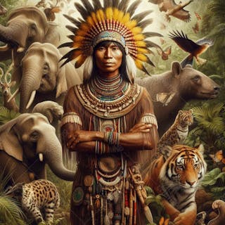 Composição de índio de índio gerado por i.a, em fundo de fauna da amazonica v.1