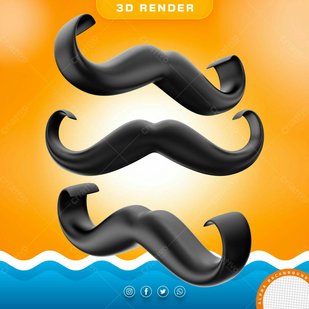 Selo 3D bigode preto 3D brilhante